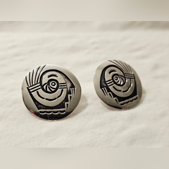 Vintage Hopi Sterling Silver Overlay Post Earrings – Unsigned Artisan - Picture 2 of 5